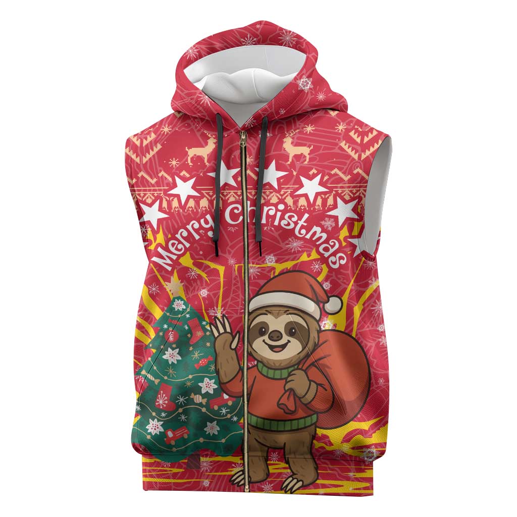 Venezuela Christmas Sleeveless Zip Hoodie with Santa Sloth Christmas Tree Stars and Red Festive - Wonder Print Shop