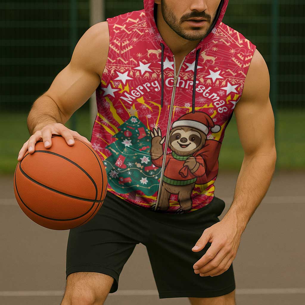 Venezuela Christmas Sleeveless Zip Hoodie with Santa Sloth Christmas Tree Stars and Red Festive - Wonder Print Shop