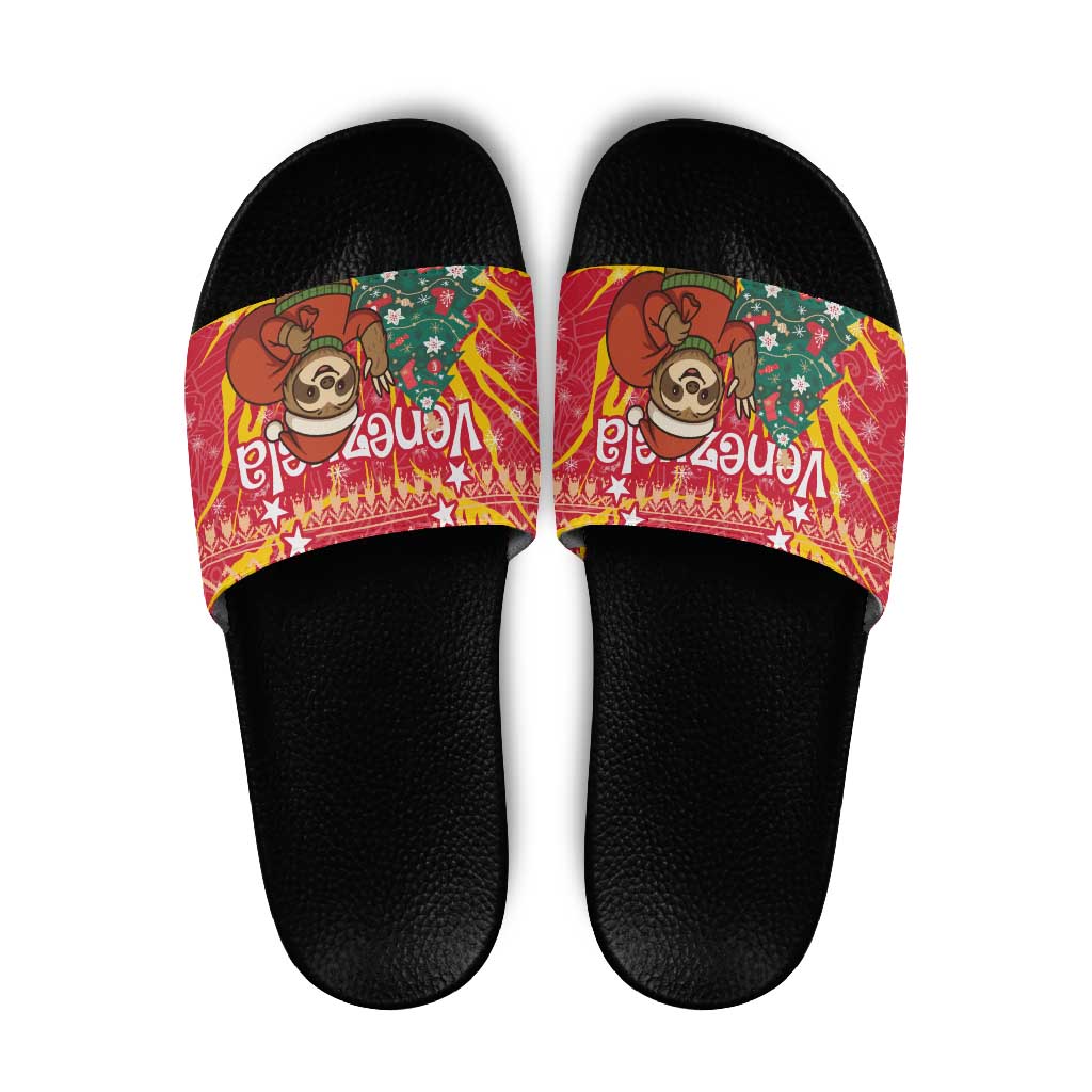 Venezuela Christmas Slide Sandals with Santa Sloth Christmas Tree Stars and Red Festive - Wonder Print Shop