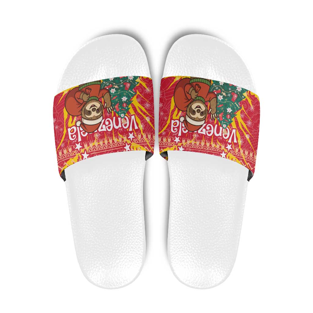 Venezuela Christmas Slide Sandals with Santa Sloth Christmas Tree Stars and Red Festive - Wonder Print Shop