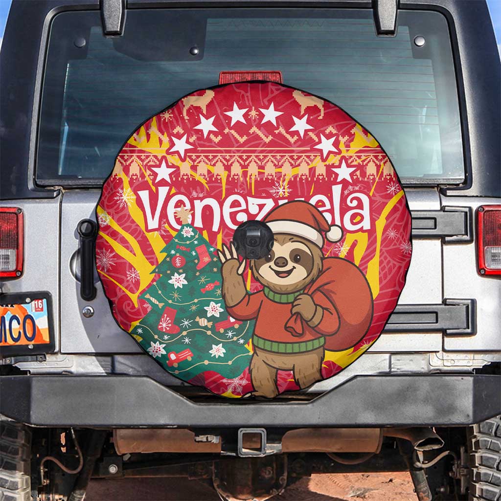 Venezuela Christmas Spare Tire Cover with Santa Sloth Christmas Tree Stars and Red Festive - Wonder Print Shop