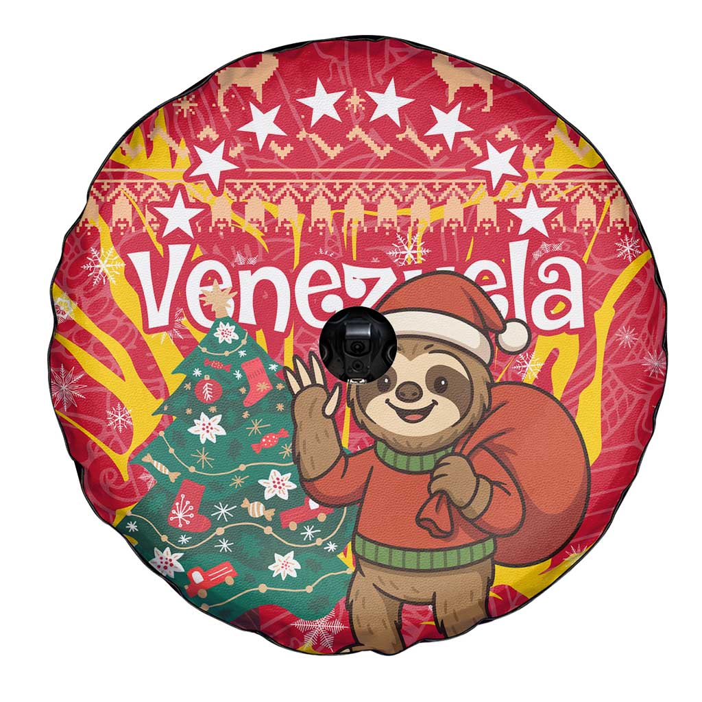 Venezuela Christmas Spare Tire Cover with Santa Sloth Christmas Tree Stars and Red Festive - Wonder Print Shop