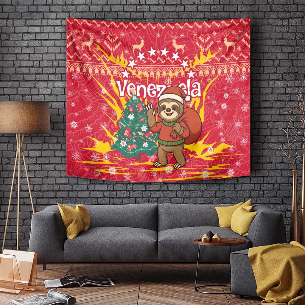 Venezuela Christmas Tapestry with Santa Sloth Christmas Tree Stars and Red Festive - Wonder Print Shop