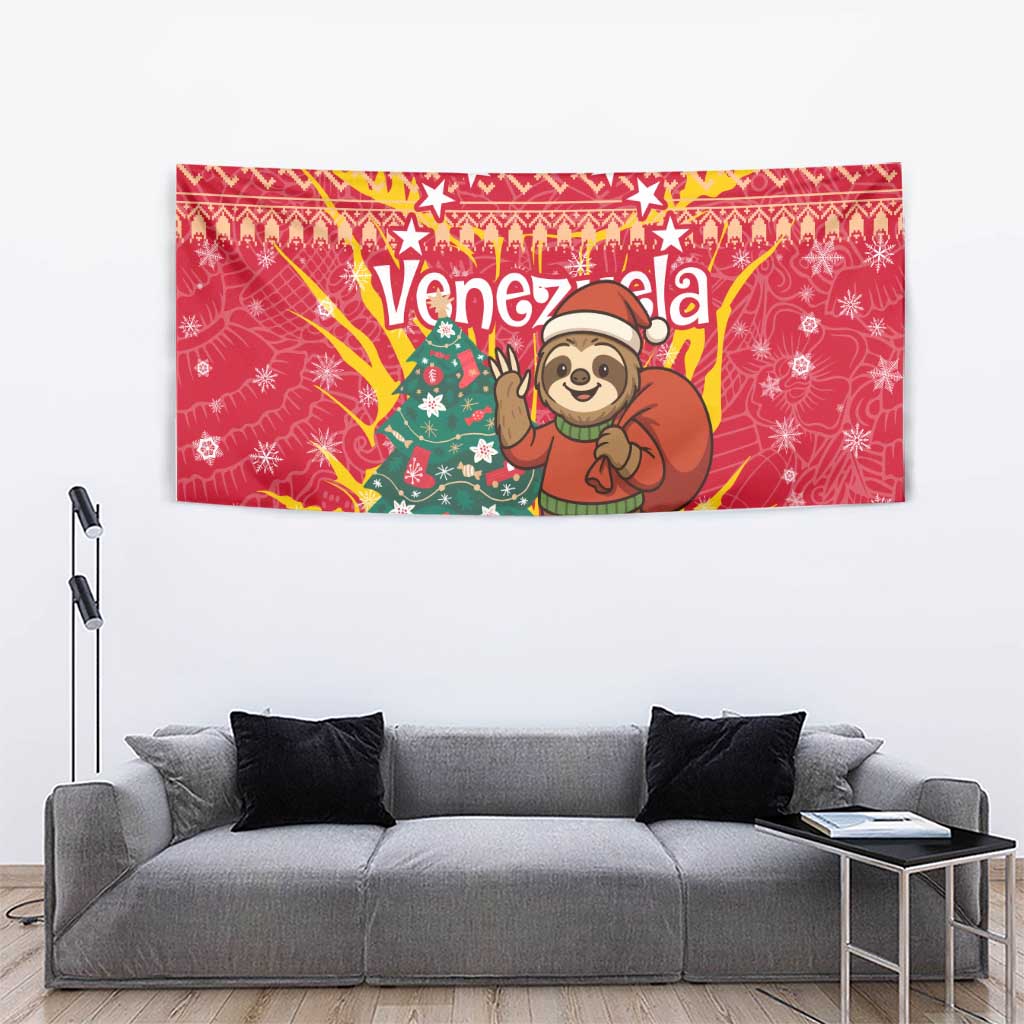 Venezuela Christmas Tapestry with Santa Sloth Christmas Tree Stars and Red Festive - Wonder Print Shop