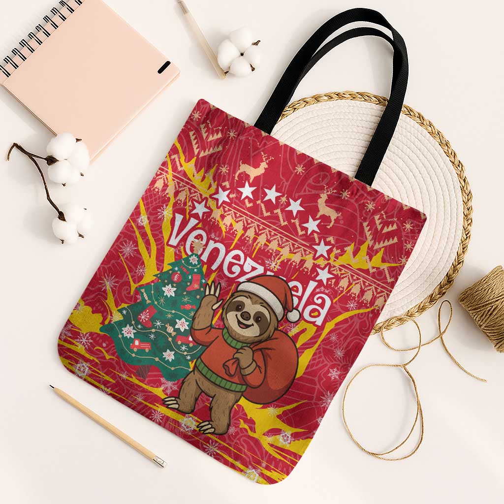 Venezuela Christmas Tote Bag with Santa Sloth Christmas Tree Stars and Red Festive - Wonder Print Shop