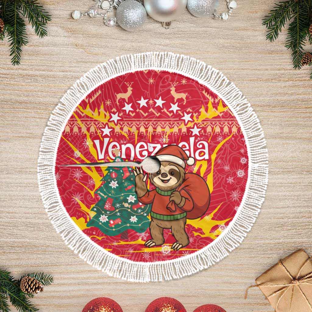 Venezuela Christmas Tree Skirt with Santa Sloth Christmas Tree Stars and Red Festive - Wonder Print Shop