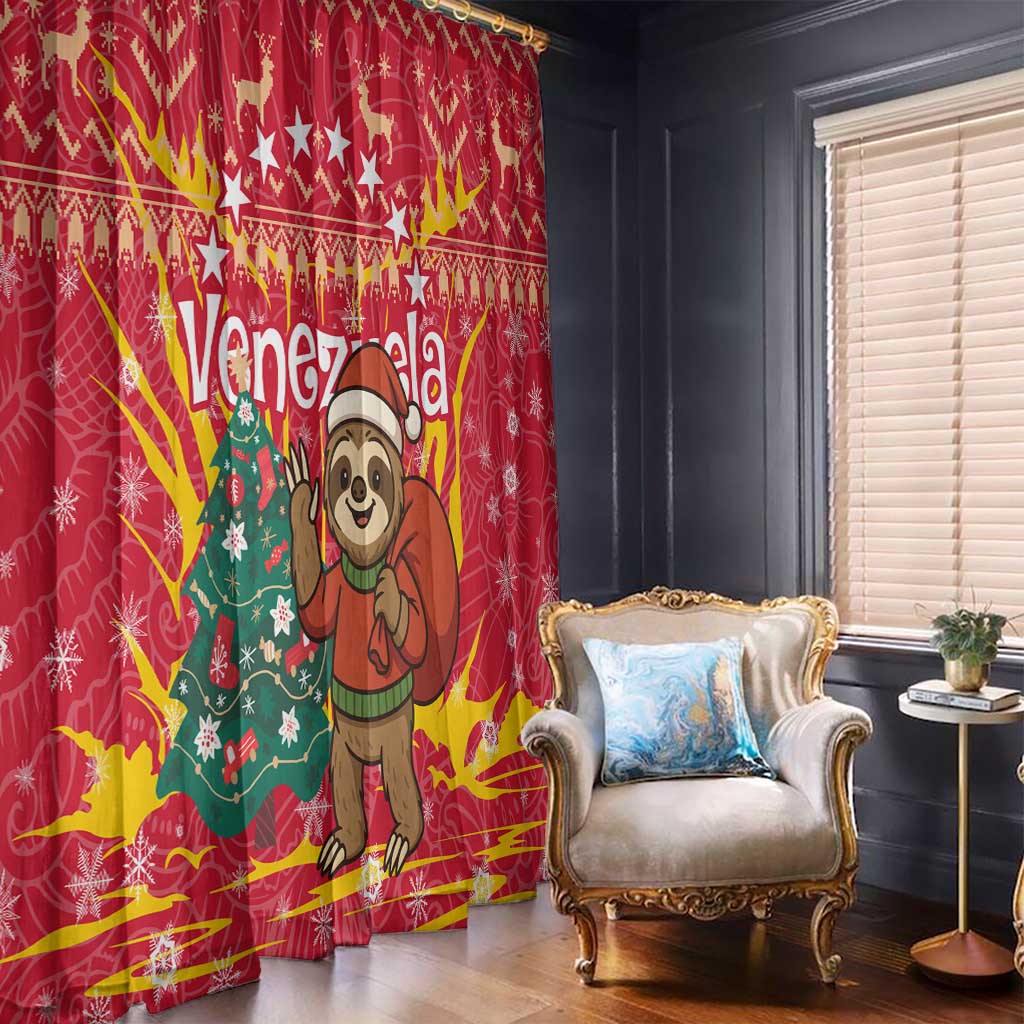 Venezuela Christmas Window Curtain with Santa Sloth Christmas Tree Stars and Red Festive - Wonder Print Shop