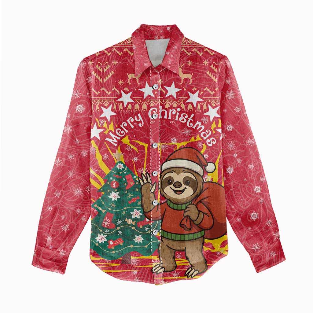 Venezuela Christmas Women Casual Shirt with Santa Sloth Christmas Tree Stars and Red Festive - Wonder Print Shop