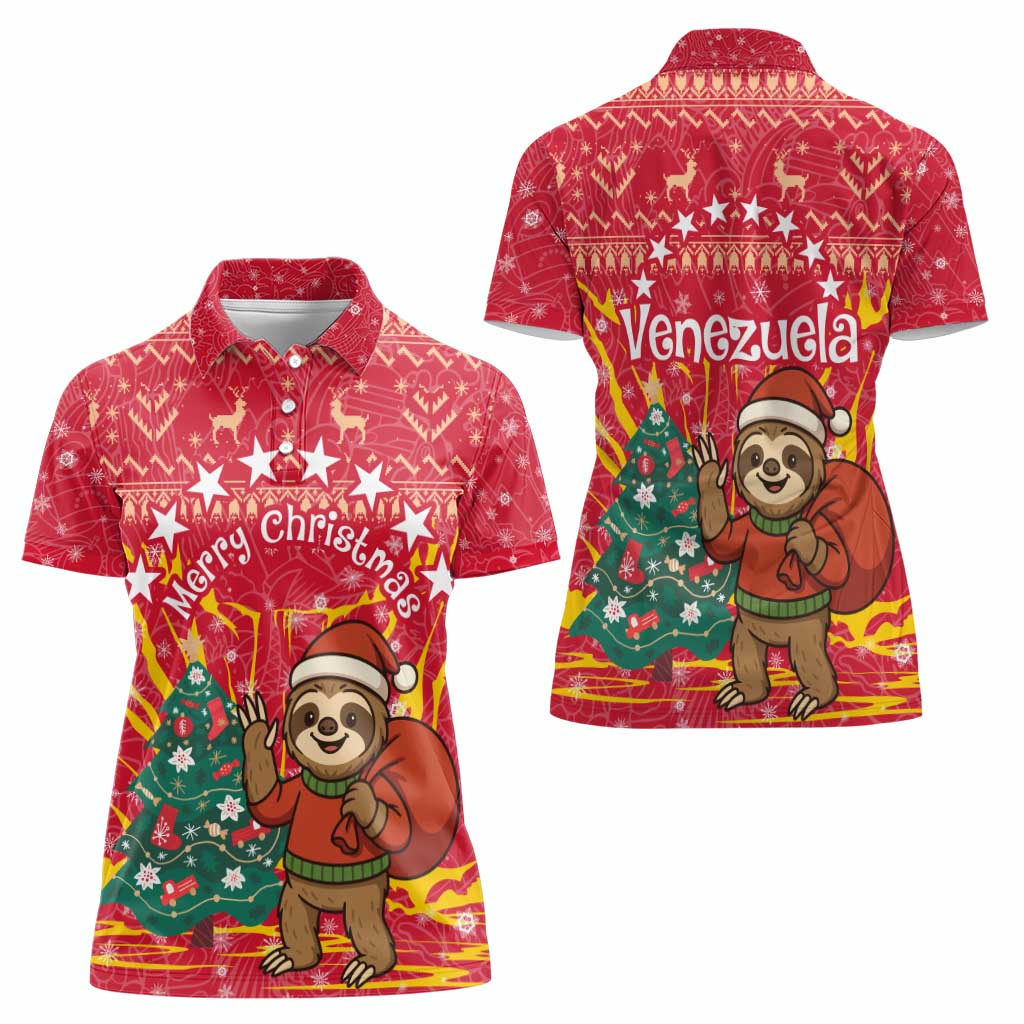 Venezuela Christmas Women Polo Shirt with Santa Sloth Christmas Tree Stars and Red Festive - Wonder Print Shop