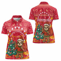 Venezuela Christmas Women Polo Shirt with Santa Sloth Christmas Tree Stars and Red Festive - Wonder Print Shop