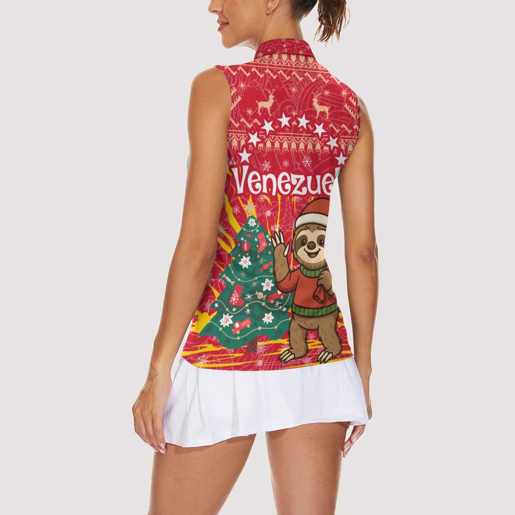 Venezuela Christmas Women Sleeveless Polo Shirt with Santa Sloth Christmas Tree Stars and Red Festive - Wonder Print Shop