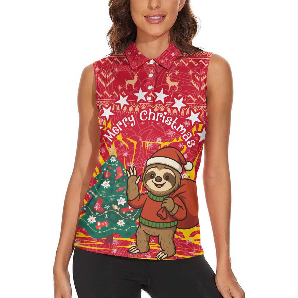 Venezuela Christmas Women Sleeveless Polo Shirt with Santa Sloth Christmas Tree Stars and Red Festive - Wonder Print Shop