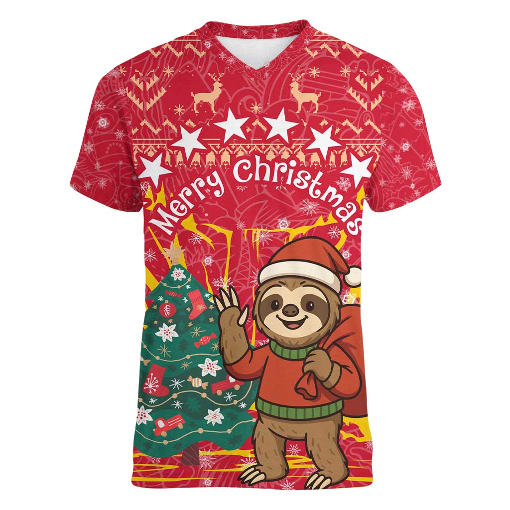 Venezuela Christmas Women V-Neck T-Shirt with Santa Sloth Christmas Tree Stars and Red Festive - Wonder Print Shop