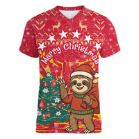 Venezuela Christmas Women V-Neck T-Shirt with Santa Sloth Christmas Tree Stars and Red Festive - Wonder Print Shop