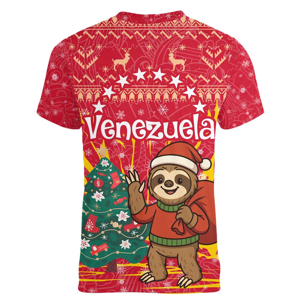 Venezuela Christmas Women V-Neck T-Shirt with Santa Sloth Christmas Tree Stars and Red Festive - Wonder Print Shop