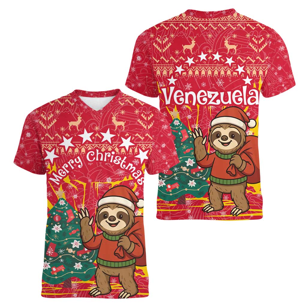 Venezuela Christmas Women V-Neck T-Shirt with Santa Sloth Christmas Tree Stars and Red Festive - Wonder Print Shop