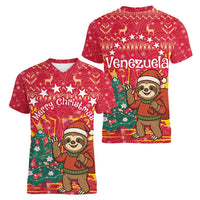 Venezuela Christmas Women V-Neck T-Shirt with Santa Sloth Christmas Tree Stars and Red Festive - Wonder Print Shop