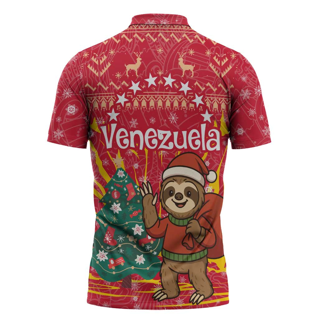 Venezuela Christmas Zipper Polo Shirt with Santa Sloth Christmas Tree Stars and Red Festive - Wonder Print Shop