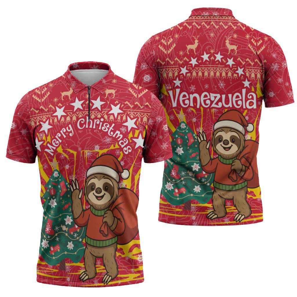 Venezuela Christmas Zipper Polo Shirt with Santa Sloth Christmas Tree Stars and Red Festive - Wonder Print Shop