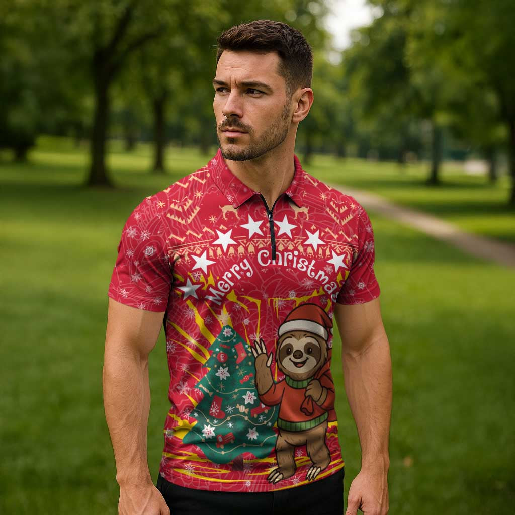 Venezuela Christmas Zipper Polo Shirt with Santa Sloth Christmas Tree Stars and Red Festive - Wonder Print Shop