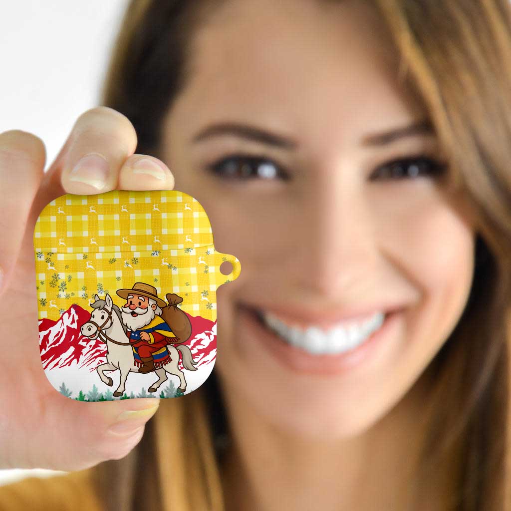 Venezuela Christmas AirPods Case with Santa on Horse Traditional Outfit Snowflakes and Yellow Plaid - Wonder Print Shop