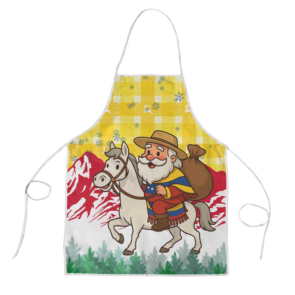 Venezuela Christmas Apron with Santa on Horse Traditional Outfit Snowflakes and Yellow Plaid - Wonder Print Shop