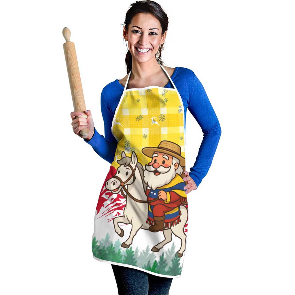 Venezuela Christmas Apron with Santa on Horse Traditional Outfit Snowflakes and Yellow Plaid - Wonder Print Shop