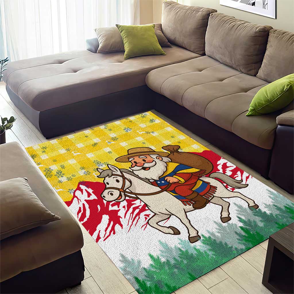 Venezuela Christmas Area Rug with Santa on Horse Traditional Outfit Snowflakes and Yellow Plaid - Wonder Print Shop