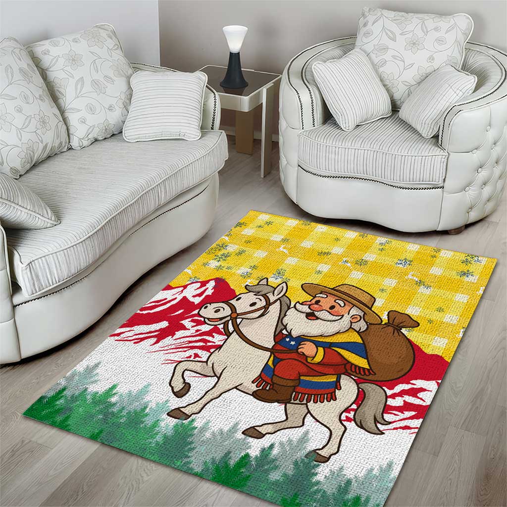 Venezuela Christmas Area Rug with Santa on Horse Traditional Outfit Snowflakes and Yellow Plaid - Wonder Print Shop