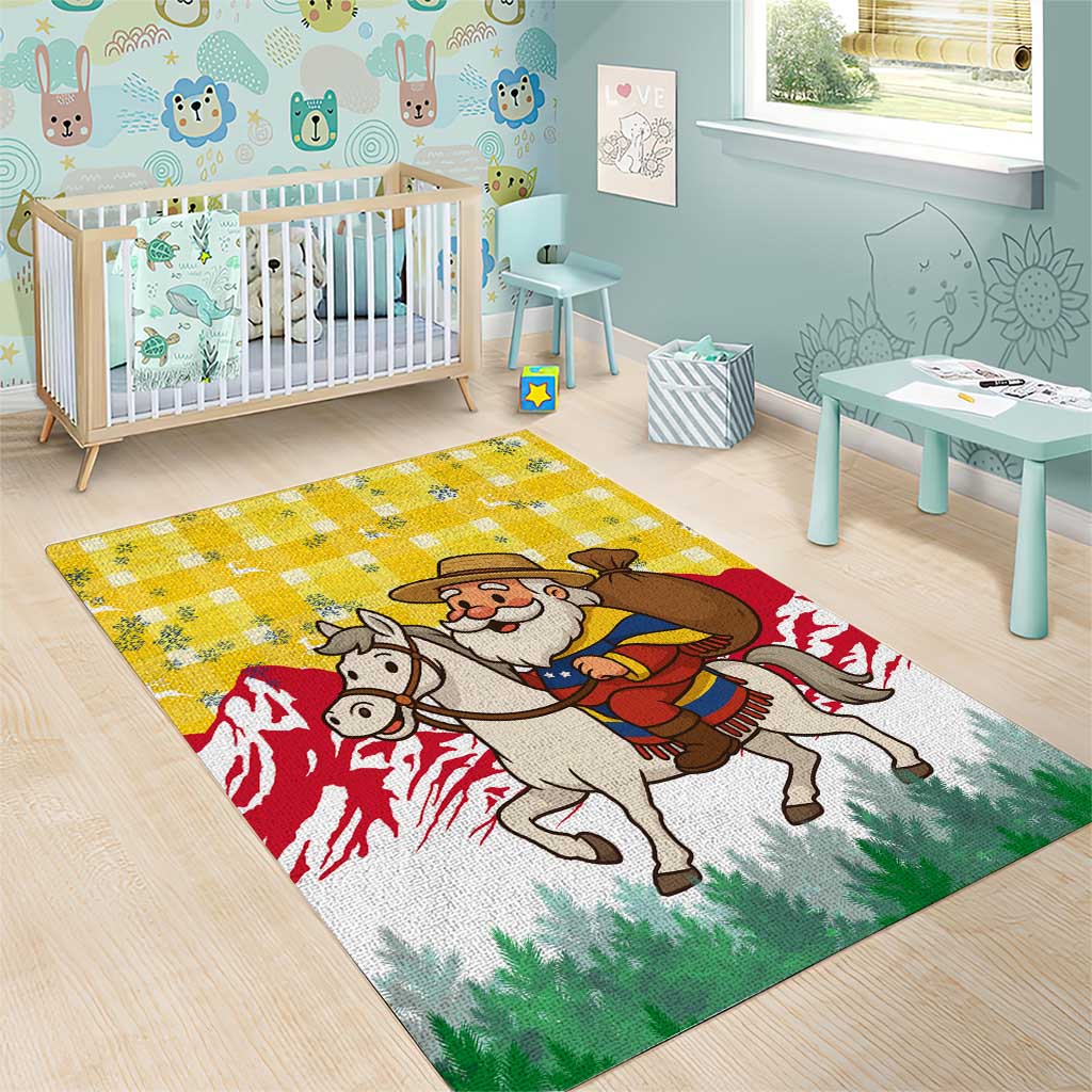 Venezuela Christmas Area Rug with Santa on Horse Traditional Outfit Snowflakes and Yellow Plaid - Wonder Print Shop
