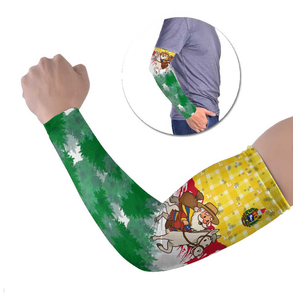 Venezuela Christmas Arm Sleeves with Santa on Horse Traditional Outfit Snowflakes and Yellow Plaid - Wonder Print Shop