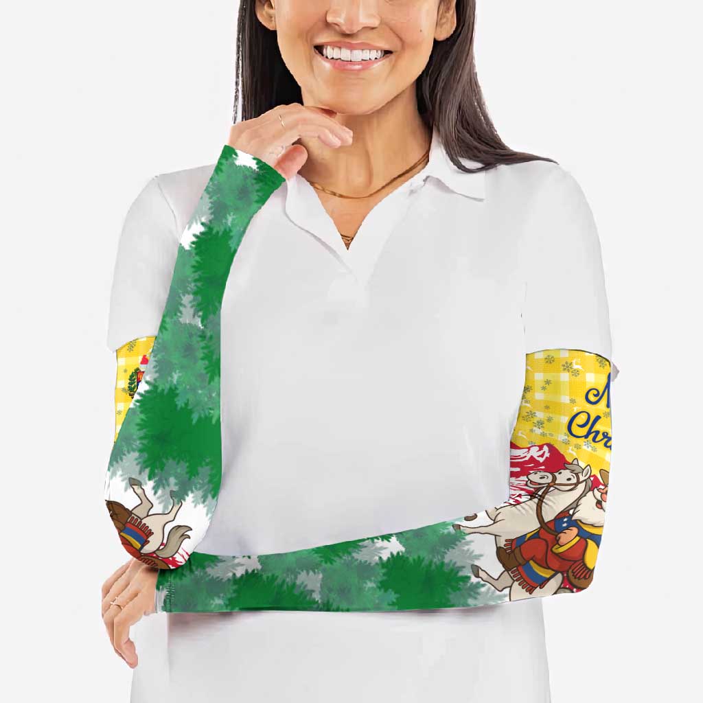 Venezuela Christmas Arm Sleeves with Santa on Horse Traditional Outfit Snowflakes and Yellow Plaid - Wonder Print Shop
