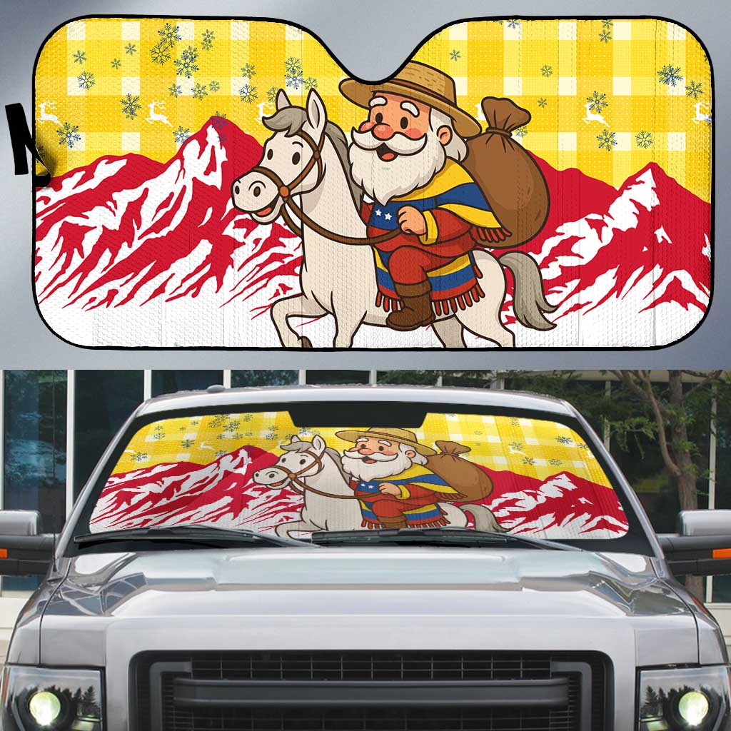 Venezuela Christmas Auto Sun Shade with Santa on Horse Traditional Outfit Snowflakes and Yellow Plaid - Wonder Print Shop
