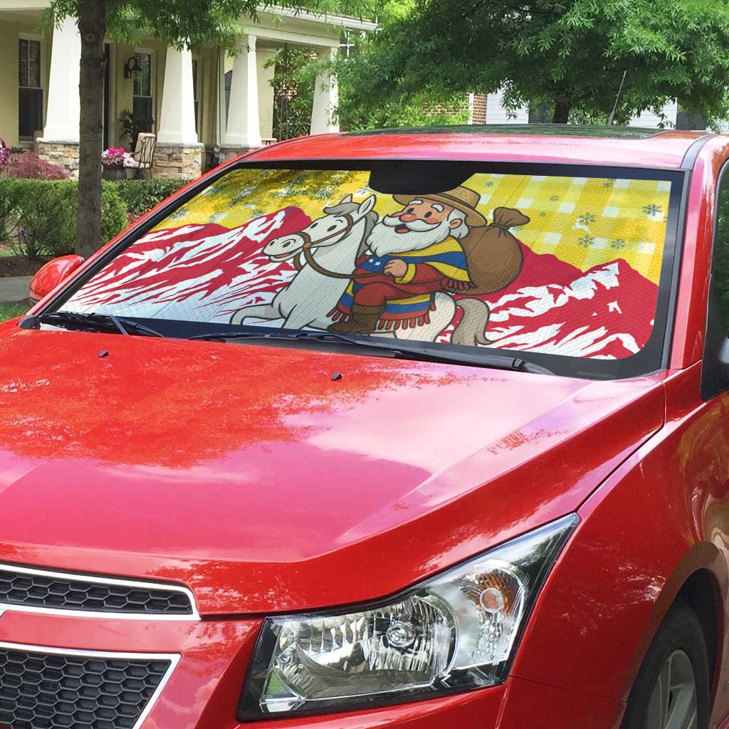 Venezuela Christmas Auto Sun Shade with Santa on Horse Traditional Outfit Snowflakes and Yellow Plaid - Wonder Print Shop