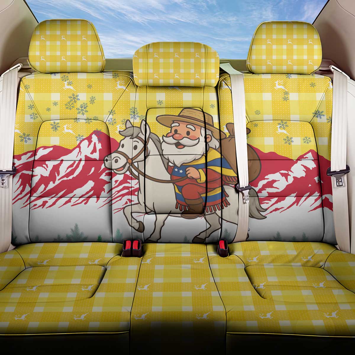 Venezuela Christmas Back Car Seat Cover with Santa on Horse Traditional Outfit Snowflakes and Yellow Plaid - Wonder Print Shop
