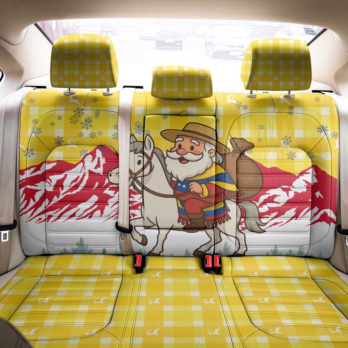 Venezuela Christmas Back Car Seat Cover with Santa on Horse Traditional Outfit Snowflakes and Yellow Plaid - Wonder Print Shop