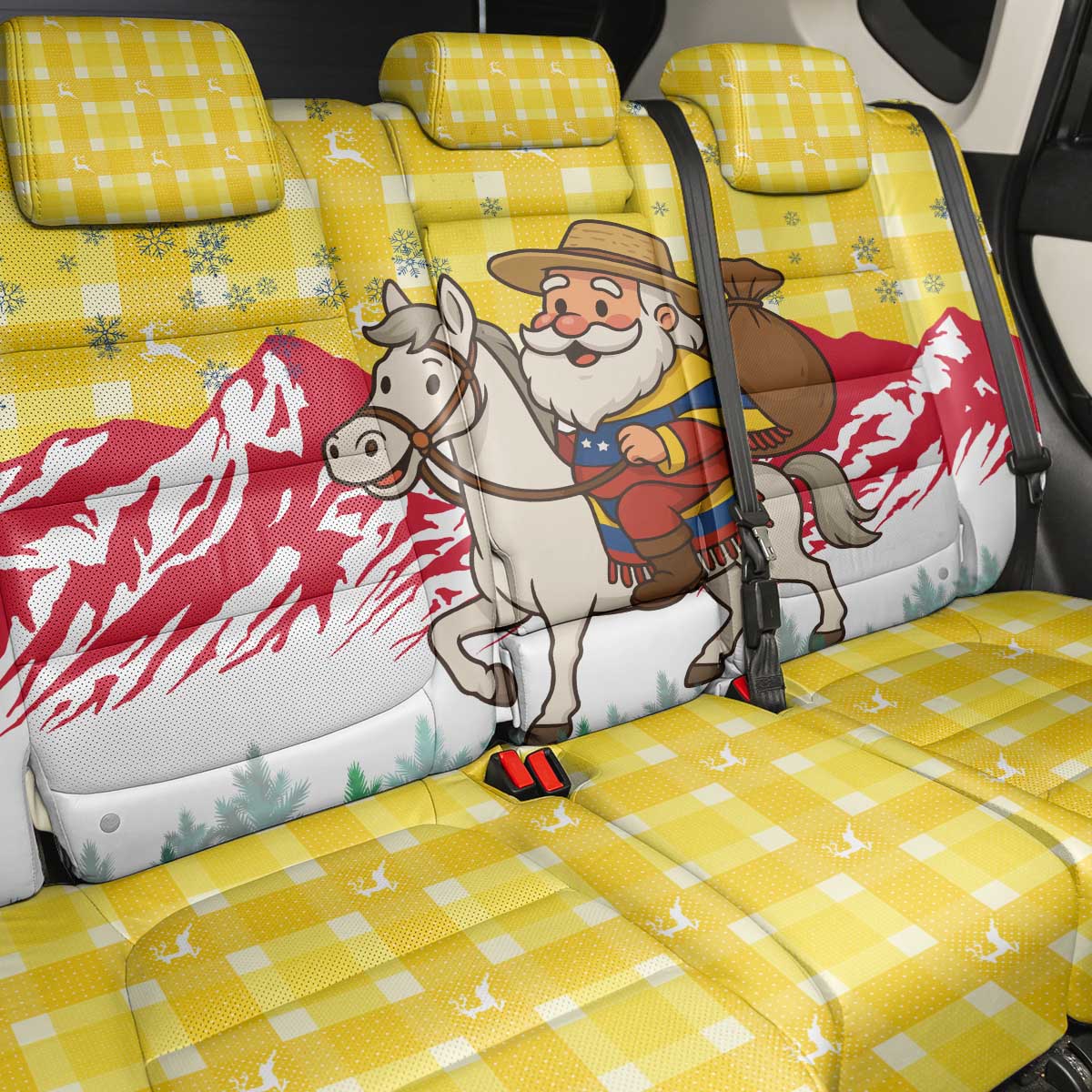 Venezuela Christmas Back Car Seat Cover with Santa on Horse Traditional Outfit Snowflakes and Yellow Plaid - Wonder Print Shop
