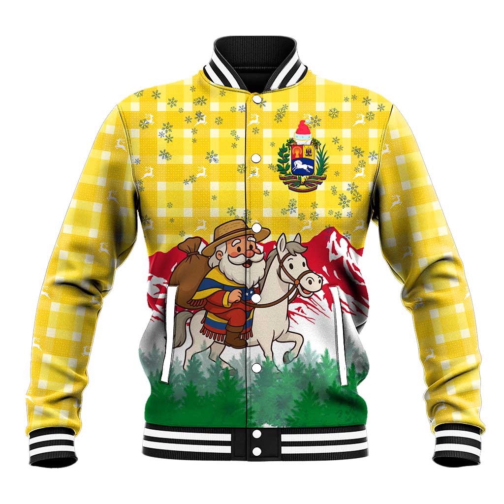Venezuela Christmas Baseball Jacket with Santa on Horse Traditional Outfit Snowflakes and Yellow Plaid - Wonder Print Shop