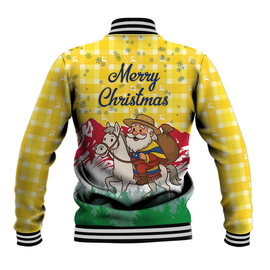 Venezuela Christmas Baseball Jacket with Santa on Horse Traditional Outfit Snowflakes and Yellow Plaid - Wonder Print Shop