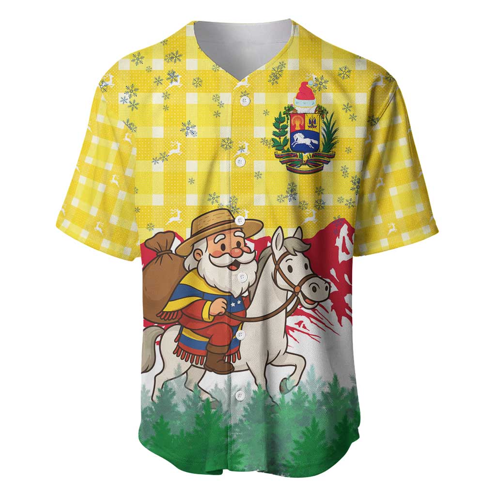 Venezuela Christmas Baseball Jersey with Santa on Horse Traditional Outfit Snowflakes and Yellow Plaid - Wonder Print Shop