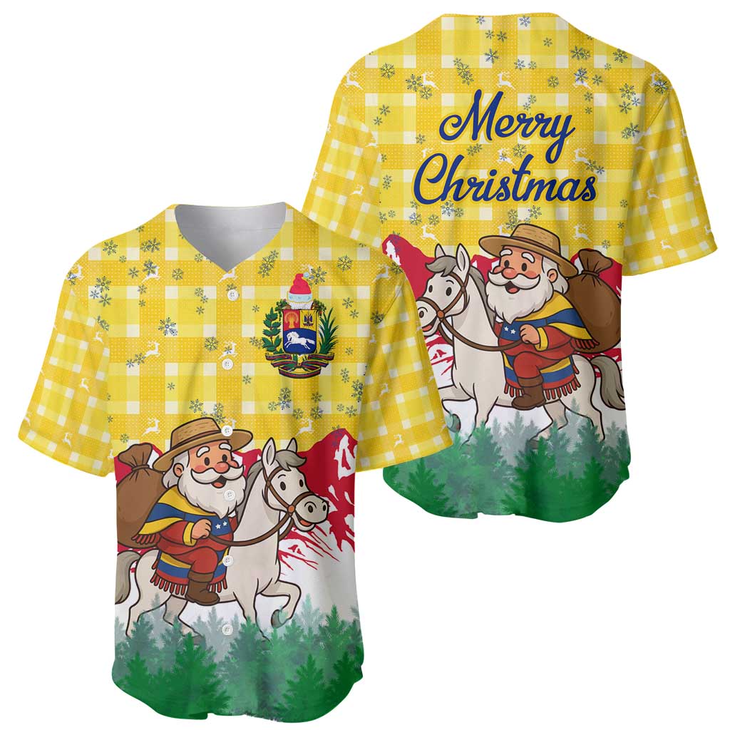 Venezuela Christmas Baseball Jersey with Santa on Horse Traditional Outfit Snowflakes and Yellow Plaid - Wonder Print Shop