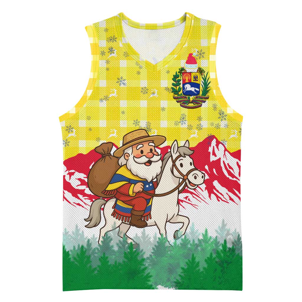 Venezuela Christmas Basketball Jersey with Santa on Horse Traditional Outfit Snowflakes and Yellow Plaid - Wonder Print Shop