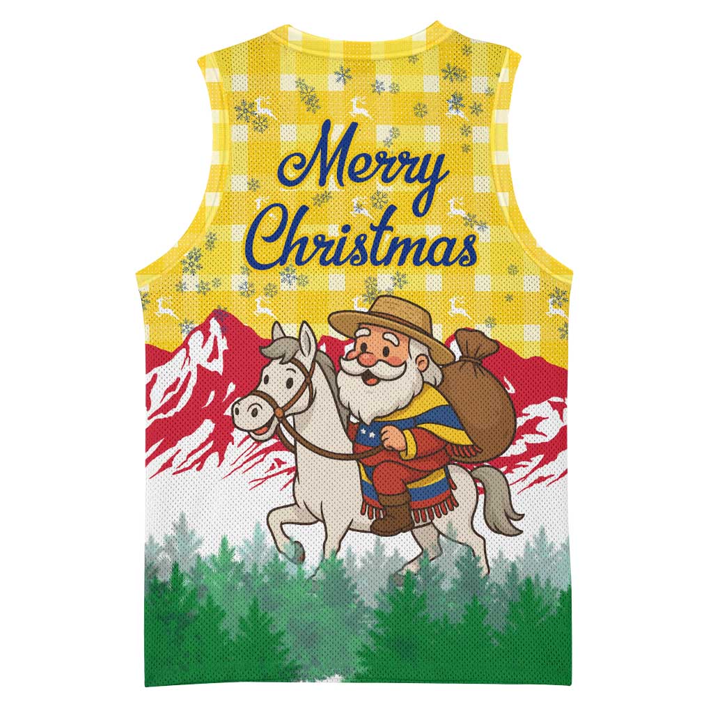 Venezuela Christmas Basketball Jersey with Santa on Horse Traditional Outfit Snowflakes and Yellow Plaid - Wonder Print Shop