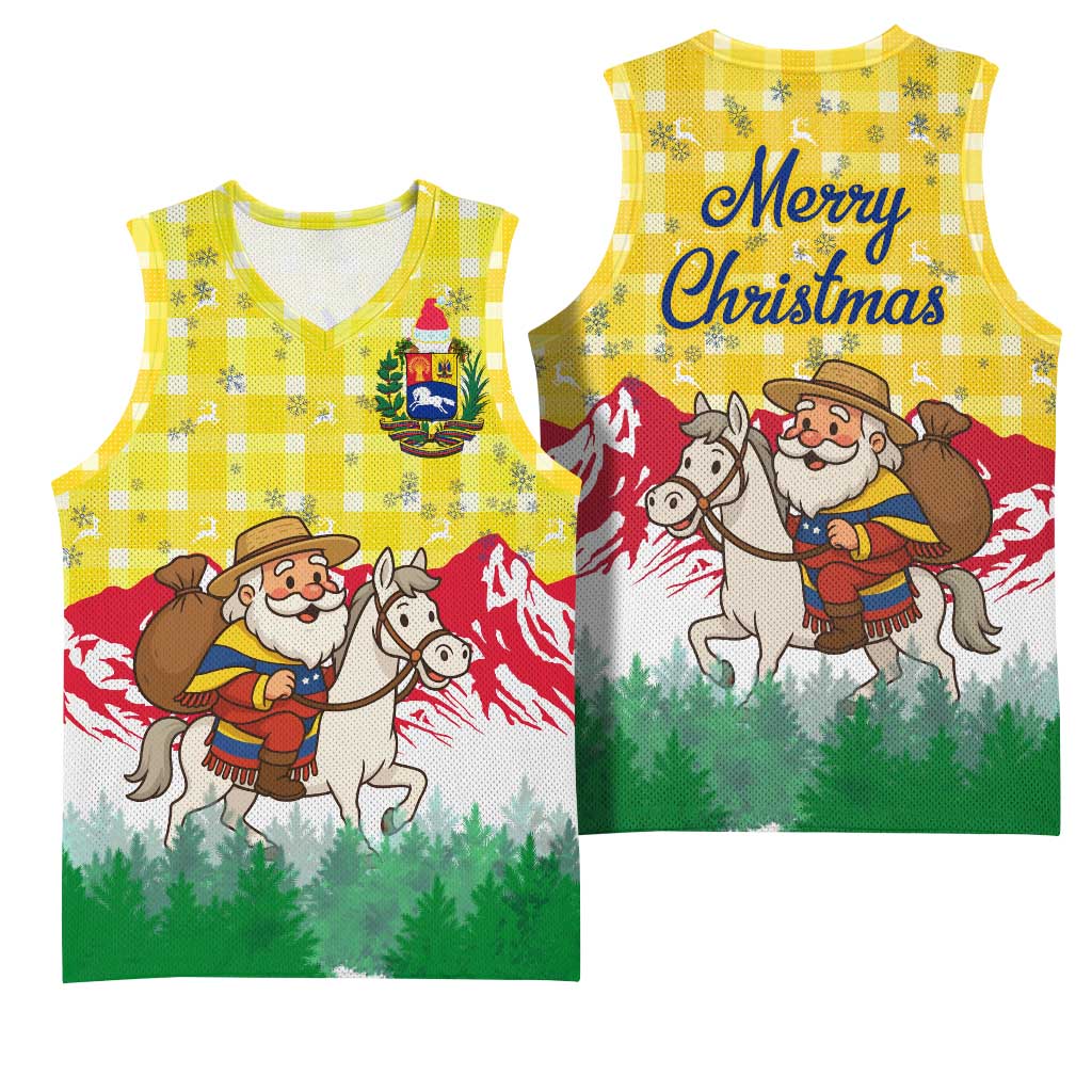 Venezuela Christmas Basketball Jersey with Santa on Horse Traditional Outfit Snowflakes and Yellow Plaid - Wonder Print Shop