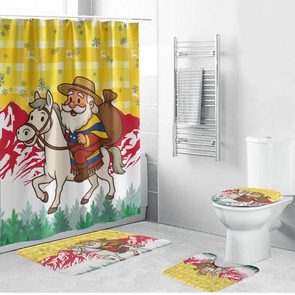 Venezuela Christmas Bathroom Set with Santa on Horse Traditional Outfit Snowflakes and Yellow Plaid - Wonder Print Shop