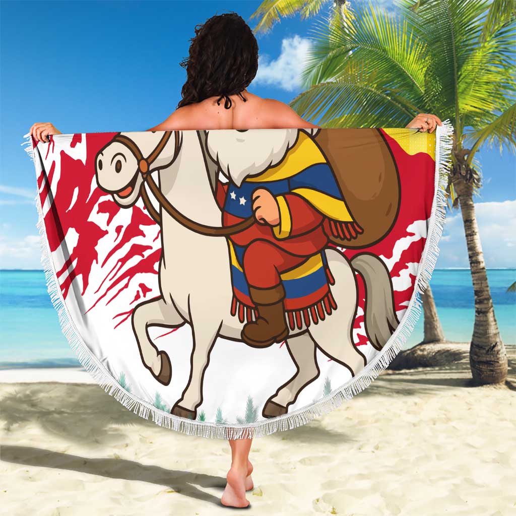 Venezuela Christmas Beach Blanket with Santa on Horse Traditional Outfit Snowflakes and Yellow Plaid - Wonder Print Shop