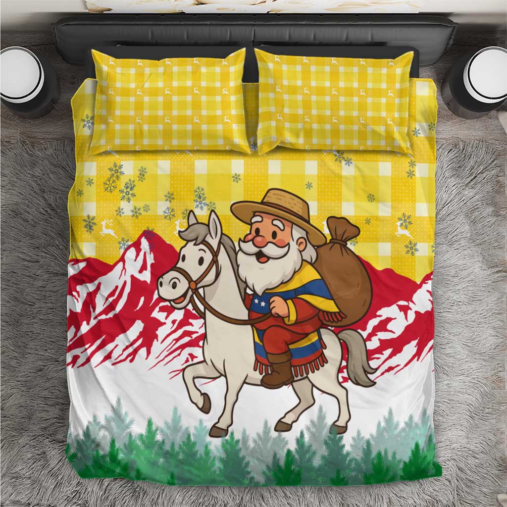 Venezuela Christmas Bedding Set with Santa on Horse Traditional Outfit Snowflakes and Yellow Plaid - Wonder Print Shop