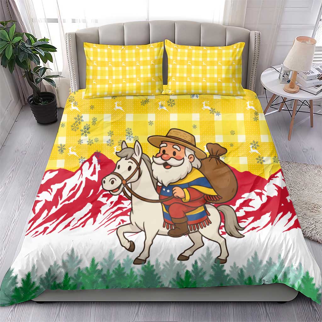 Venezuela Christmas Bedding Set with Santa on Horse Traditional Outfit Snowflakes and Yellow Plaid - Wonder Print Shop