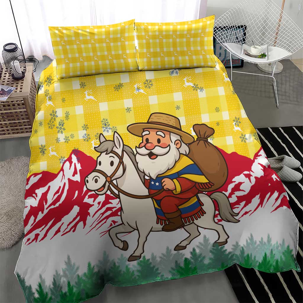 Venezuela Christmas Bedding Set with Santa on Horse Traditional Outfit Snowflakes and Yellow Plaid - Wonder Print Shop