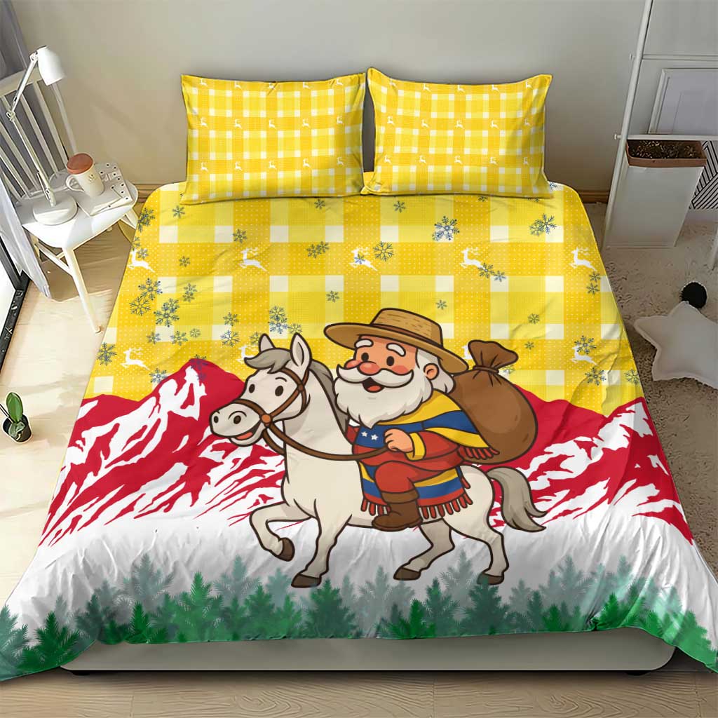Venezuela Christmas Bedding Set with Santa on Horse Traditional Outfit Snowflakes and Yellow Plaid - Wonder Print Shop